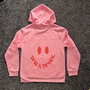 Shein Pink Hoodie Smiley Face "Whatever" Graphic Pullover Size Small NWOT